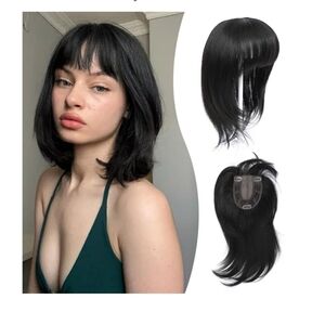 12" Clip In Bangs  Synthetic Hair Topper  Natural Black 4"X5"  Ms Taj